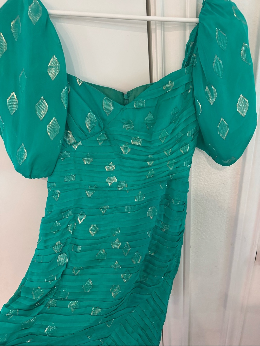 Shoshanna Teal Puff-Sleeve Dress with Metallic Accents